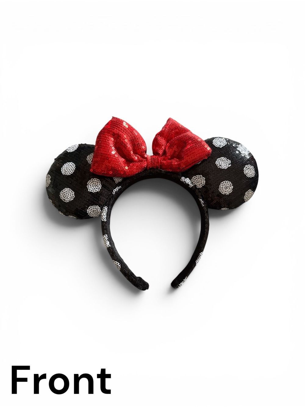 Disney Sequin Minnie Mouse Ears Headband Black with Red Bow and White Polka Dots